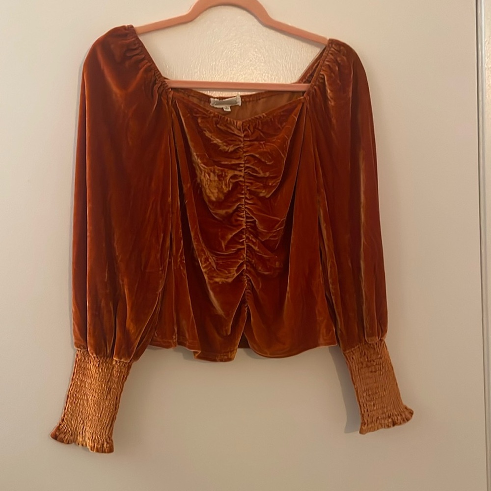 Amber shu Velvet Ruched Top Peasant Sleeve Blouse Burnt Orange Bohemian Cottage